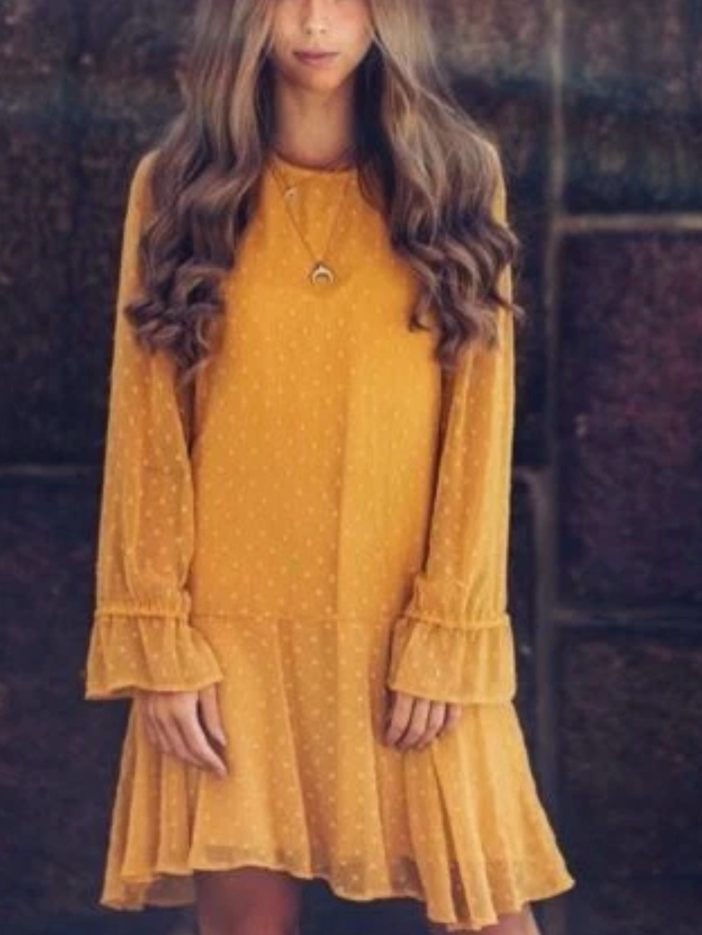 Zara Basics mustard Yellow mini plumetis dress small long sleeve flowy lined